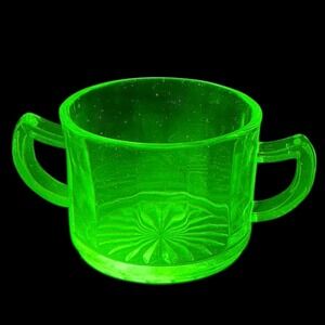Vaseline Uranium Glass Sugar Bowl Depression Era Green Glow Double Handle